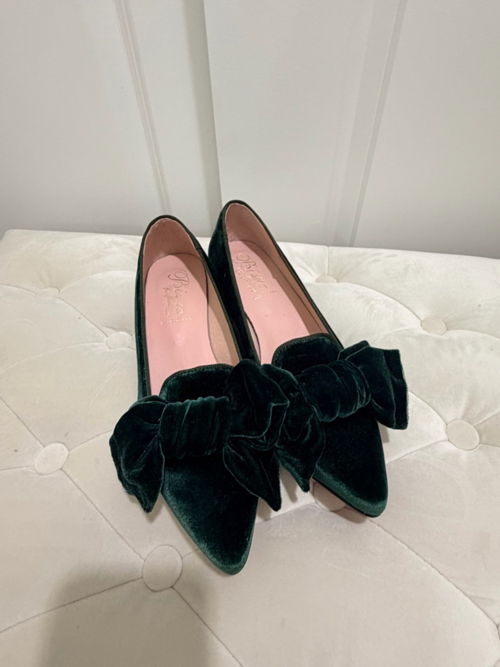 Velvet Pointed Bow Flats in Deep Green